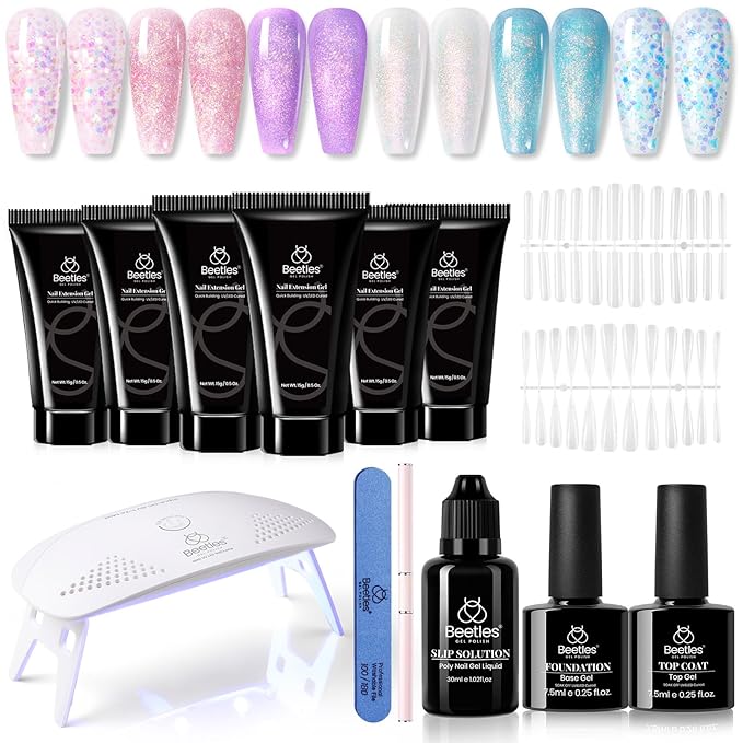 Beetles Poly Extension Gel Nail Kit 6 Colors Glitter Mermaid Glow Builder Nail Gel Kit with Slip Solution All-in-One Spring Summer Nail Art Supplies DIY Manicure Salon Gift for Women Girls