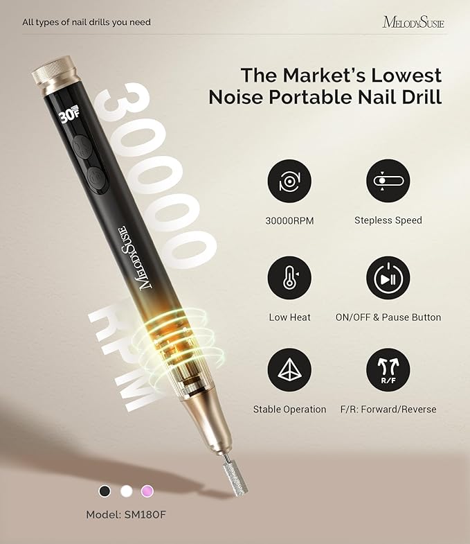 MelodySusie Pen-Shaped Cordless Nail Drill with Adjustable Stepless Speed,SM180F 30000RPM Portable Rechargeable E-File with LED Display for All Manicure Shaping & Acrylic Gel Removal for Pro at Home