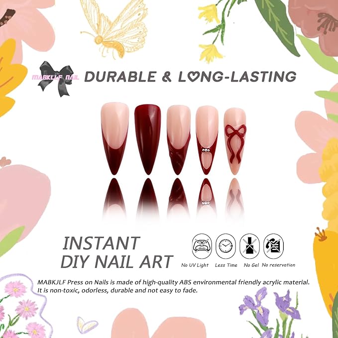 Christmas Press on Nails Long Stiletto MABKJLF Red French Tip Fake Nails 3D False Nails with Bow Ball Designs Glossy Glue on Nail Winter Full Cover Acrylic Nails for Women Girls 24Pcs