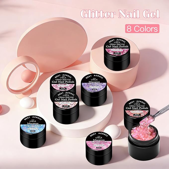 MEET ACROSS 9Pcs Glitter Gel Nail Polish Set with Nail Brush, 8 Colors Including Pink Blue Purple Sequins Gel Polish for Nail Art DIY Manicure Gift for Women