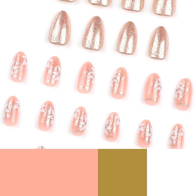 Press on Nails Medium - Almond Fake Nails with Flower Design - Gold Glitter Full Cover Stick on False Nails - for Women 24 Pcs