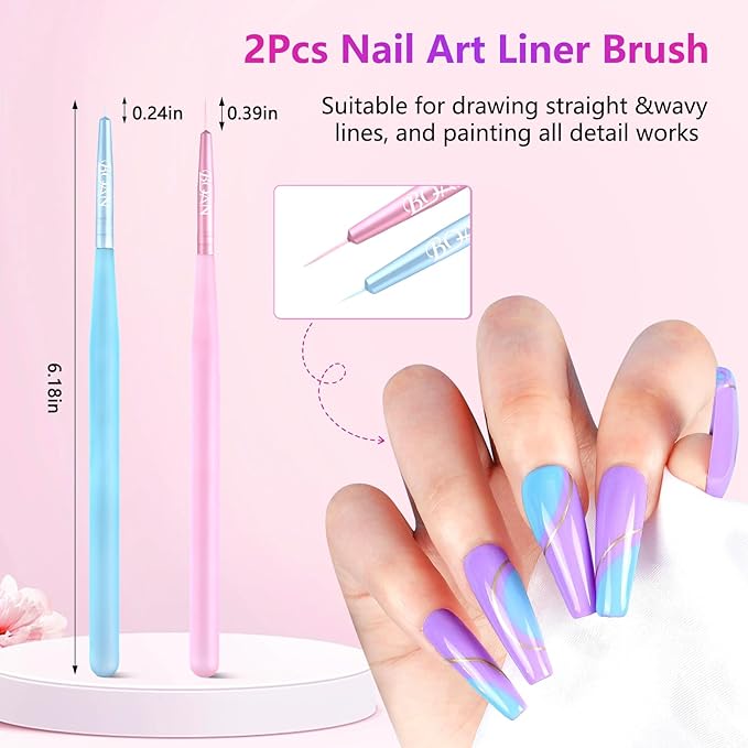 BQAN Nail Art Brushes Set，5pcs Nail Brushes for Nail Art with Flat, Round, French Gel Brushes & 2 Liner Brushes，Nails Design Tools for Home DIY or Professional Salon Use