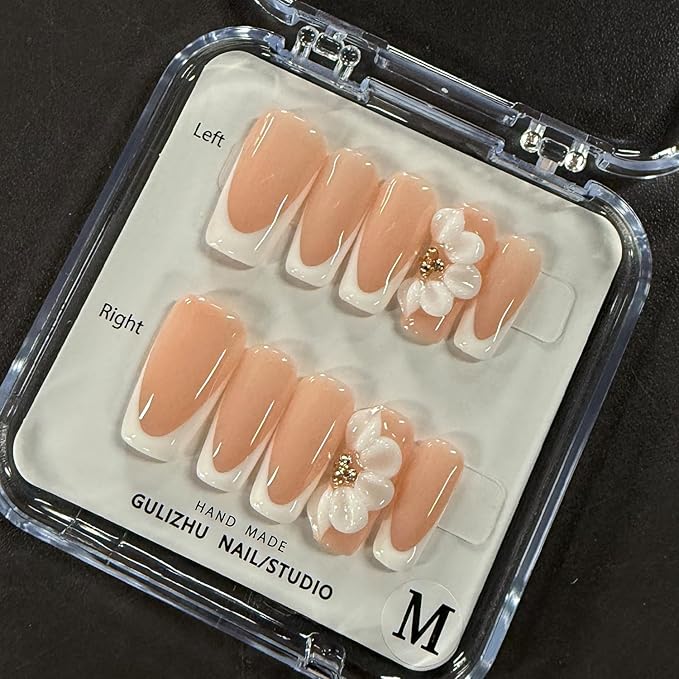 White French Tip Handmade Press on Nails Medium Square Fake Nails Muti-Layer Gel False Nails with 3D Flower Rhinestones Designs Thick Acrylic Nails Full Cover Stick on Nail for Women Nail DIY (Size M)