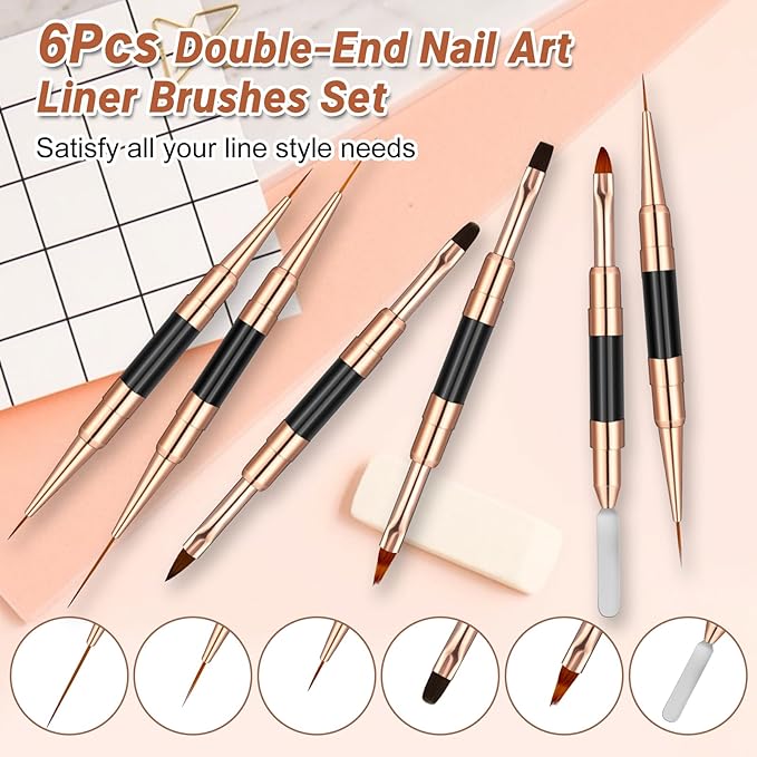 Double-Ended Acrylic Nail Art Liner Brushes, 6Pcs Gel Polish Nail Art Design Pen Painting Tools Set For Nails, Dotting Drawing Tool Polygel Brush for Long Lines, Thin Details, Fine Drawing (Black)