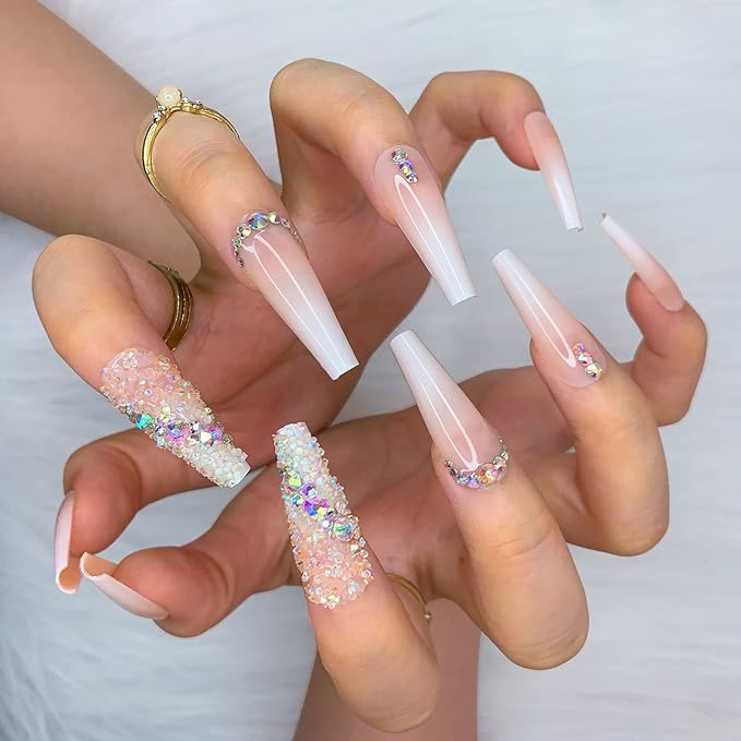 Morily 24pcs Fake Nails Ombre Ballerina Long Crystal Rhinestones Luxury Coffin Press on Nail False Tips Artificial Finger Manicure for Women (French Shinning)