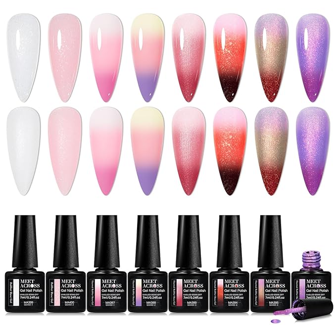 MEET ACROSS Color Changing Rubber Base Gel Nail Polish Set Pink Purple Red Builder Base Gel in a Bottle Hard Extension Gel Shimmer White Pink Cured for Nails at Home Salon DIY Beginner 12PCS