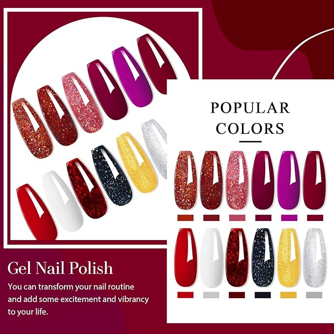 MEET ACROSS 12pcs Gel Nail Polish Set,Soak Off UV LED Lamp Gel Nail Polish Kit,Fashion Shimmer Nail Art Design Gifts for Women Manicure Salon (Red-1)