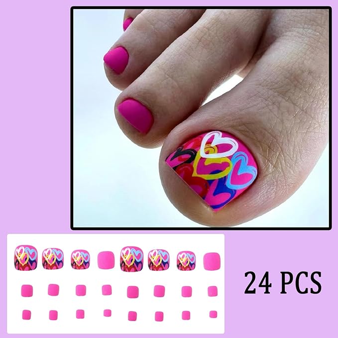 24Pcs Pink Heart Press on Toenails Short Square Fake Toe Nails with Colorful Love Hearts Valentines Acrylic Artificial Full Cover False Stick on Toenails for Women Decoration 24Pcs