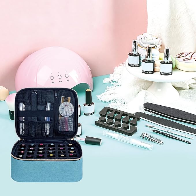 Nail Polish Organizer, Handheld Double Layer Organizer Holds 30 Bottles (15 ml/0.5 floz) with Adjustable Dividers for Nail Polish Small Manicure Lamp Manicure Tools and Travel,Light Green