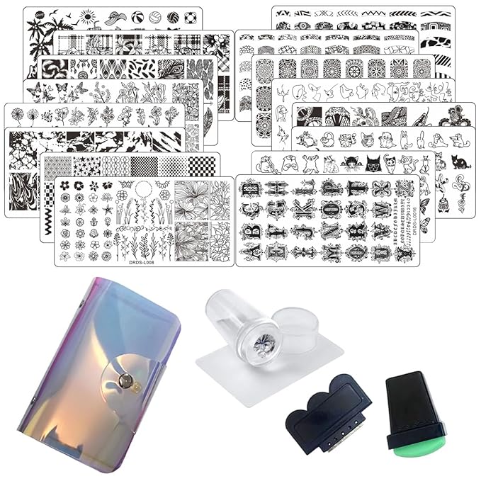 VNC 21 Pcs Nail Stamp Plates Set 16 Plate 2Stamper and 2 Scraper 1storage Bag Nails Art Stamping Plate Scraper Stamper Set Leaves Flowers Animal Nail Plate Template Image Plate Set