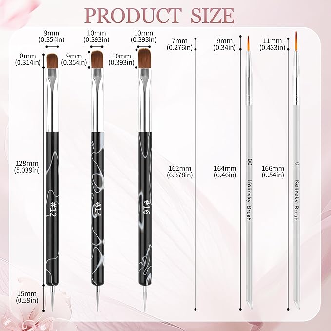 6pcs French Tip Tool Brush, 2 Way Clean up Brush for Gel Polish with Dotting Tool Franch Nail Art Brushes Set Liner Fine Cuticle Beginner 7mm/9mm/11mm, 12#, 14#, 16#