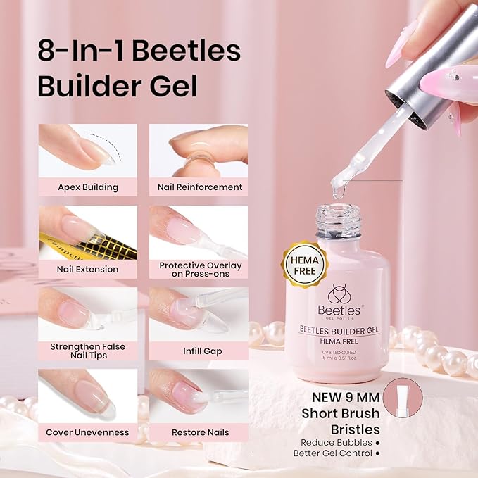 Beetles 2Pcs 15ml HEMA-Free Nail Glue Builder Nail Gel Set, Clear Builder for Nail Strengthener Thickening Building Apex Extension for Beginners & DIY Salon Manicure Gift for Women, U V Light Required