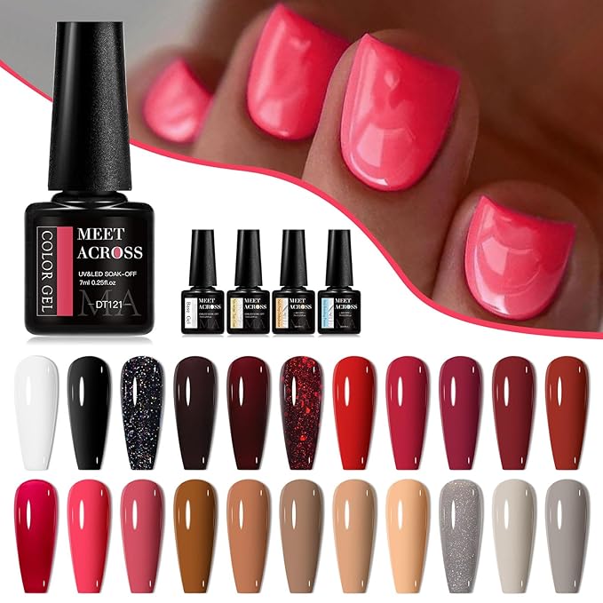 MEET ACROSS 30Pcs Nude Gel Polish 22 Colors Gel Nail Polish Set Black Red Skin Tones Series Neutral Brown Fall Winter Gel Nail Kit DIY Nail Art Salon Home Gift