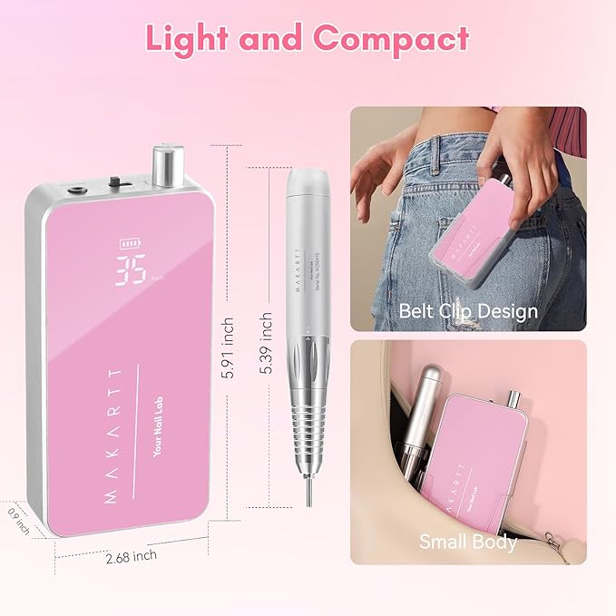 Makartt Nail Drill Professional, 35,000RPM Rechargeable Electric Nail File for Acrylic & Gel Removal, 60W Brushless Motor, 2-in-1 Desktop & Portable, LCD Display, for Home & Salon Use, Nouvella Pink