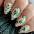 24Pcs St. Patrick's Day Press on Nails Medium Almond Fake Nails Lucky Clover Full Cover Spring False Nails Glitter Gold Acrylic Nails Irish Shamrock Glue on Nails Glossy Artificial Stick on Nails Set
