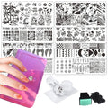 VNC 13pcs Nail Stamp Plates set 8 plate 2Stamper 2Scraper 1storage bag Nails Art Stamping Plate Scraper Stamper Set Leaves Flowerst Travel Patterns Nail plate Template Image Plate