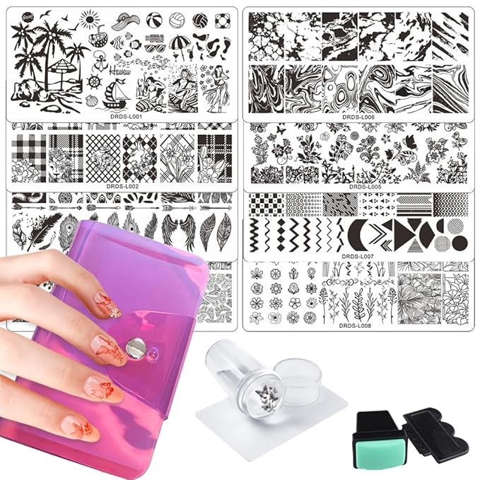 VNC 13pcs Nail Stamp Plates set 8 plate 2Stamper 2Scraper 1storage bag Nails Art Stamping Plate Scraper Stamper Set Leaves Flowerst Travel Patterns Nail plate Template Image Plate