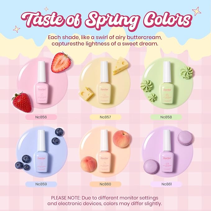 Beetles Pastel Gel Polish Set - Taste of Spring Colleciton, 6 Easter Colors 15ML Pastel Blue Pink Yellow Purple Color Polish Set Trendy Colors Uv LED Lamp Salon DIY at Home Nails Gifts for Women