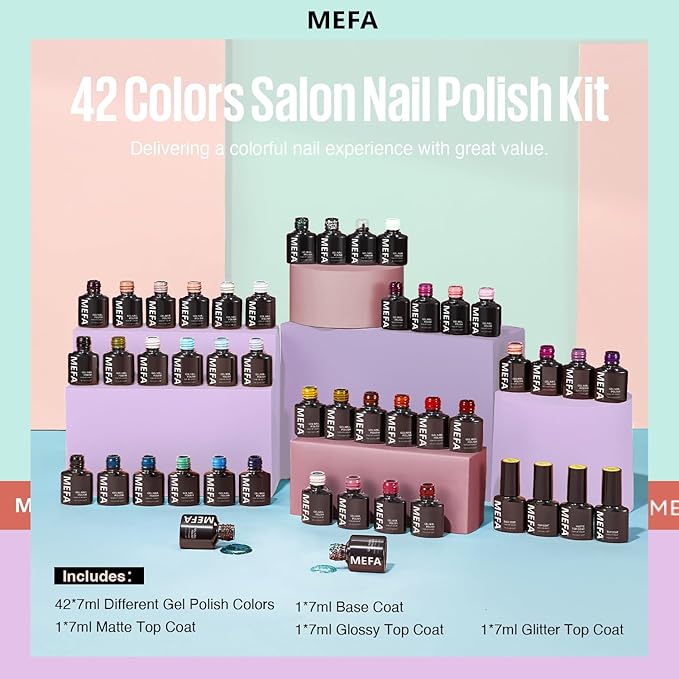 MEFA 47 PCS Gel Nail Polish Kit, 42 Colors Collection Pink Purple Colorful Gel Polish Set with 5 Pcs Base and Glossy/Matte/Glitter Top Coat DIY Manicure Art at Home Gifts for Women