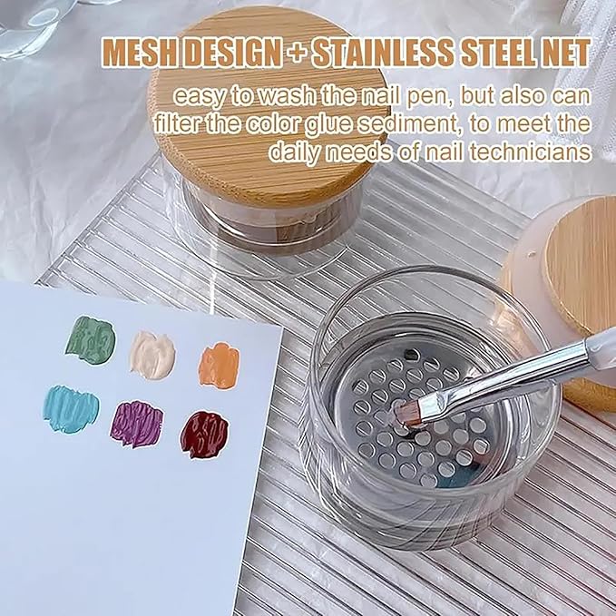 Nail Brushes Washing Cup, Dappen Dish with Lid & Mesh Layered Acrylic Nail Brush Cleaner Nail Art Brushes Washer for Nail Sequins Glitter Powder Manicure Brush Clean Cup Nail Tool