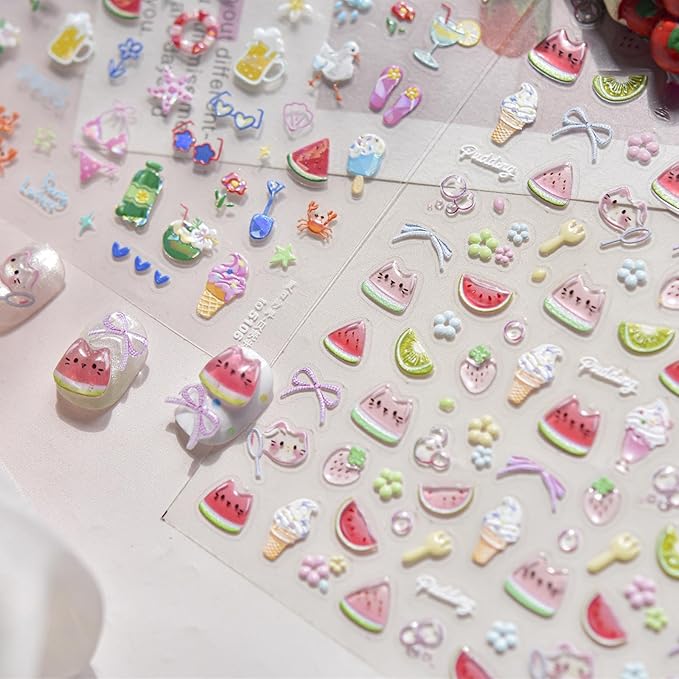 Summer Nail Art Stickers Watermelon Ice Cream Nail Decals Beach Nail Stickers 5D Embossed Self Adhesive Nails Charms for Women Girls Kid Manicure Cute Sweet DIY Decoration 2Pcs