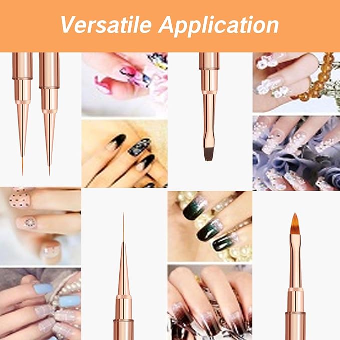 BRBASAP 5Pcs Gel Nail Brush Set Gel Nail Art Brushes with Cap Rose Gold Rhinestone Handle Liner Brush for Acrylic Hard Nails and Young Nails Professional Nail Polish Design Set for Salon DIY