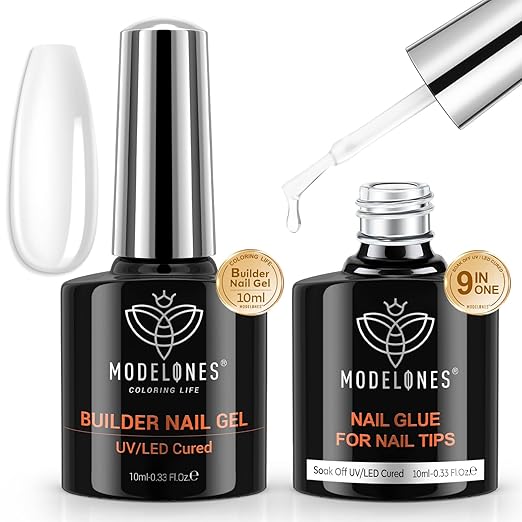 modelones 9 in One Nail Builder Glue Gel for Nails Set for Nails Thickening, Adhesive Bond for Nail Tips, Long Lasting Curing Needed