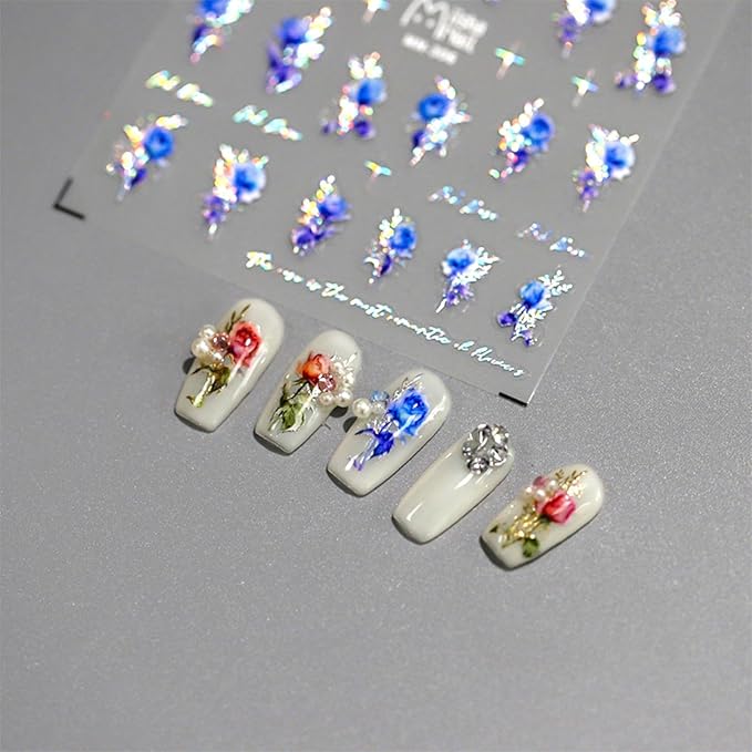 Dedyel Rose Nail Art Stickers 3D Floral Nail Decals Valentine Bridal Nail Art, Rose Design Self-Adhesive Nail Stickers for Women Girls DIY Nail Decoration