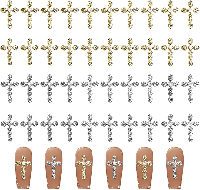 3D Cross Nail Charms, 40 Pcs Gold Silver Crystal Cross Nail Decorations for Nail Art, Metal Nail Rhinestones Cross Charms for DIY Design and Jewelry Making (Gold + Silver)