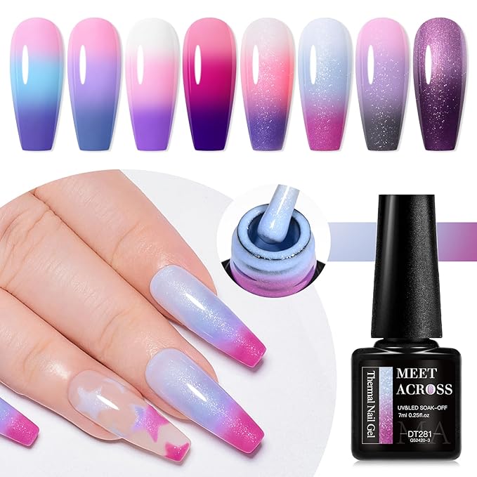 MEET ACROSS 8Pcs Color Changing Gel Nail Polish Set Glitter Temperature Mood Changed Gel Polish Pink Purple Soak Off UV/LED Nail Art Design Kit Gifts for Women Girls