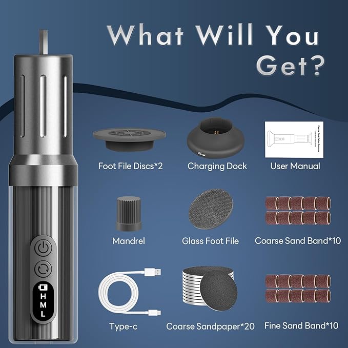 JINYAWA Electric Foot Callus Remover - 2-in-1 Rechargeable Cordless Foot File with LCD Display & 6 Speeds - Professional Foot Sander for Dead Skin, Thick Nails, Heels and Soles (Gray)