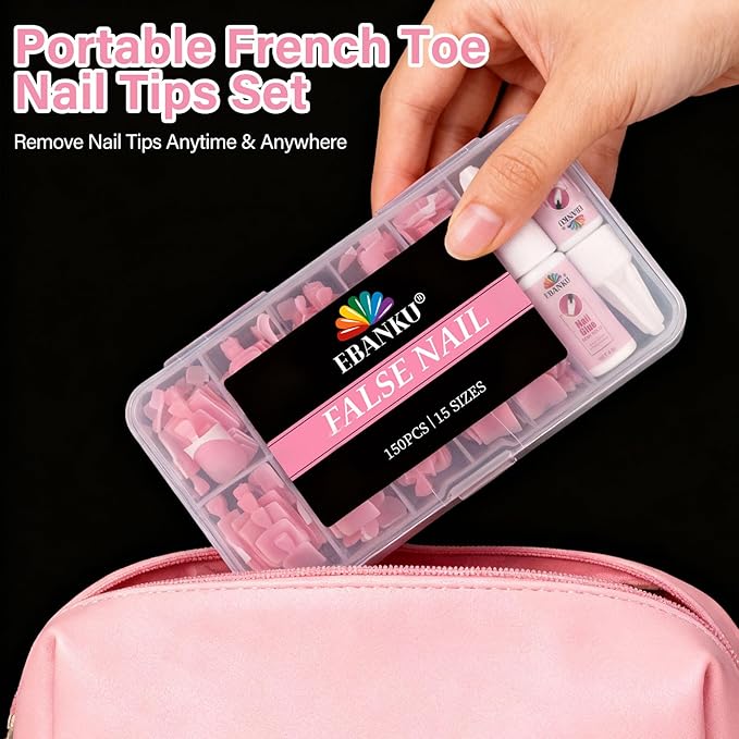 EBANKU Toe Nail Press On with 2 Nail Glue, 150pcs Square French 15 Sizes Thick Soft False Toenail Extension, Pink Full Cover Acrylic for Women Nail Art DIY