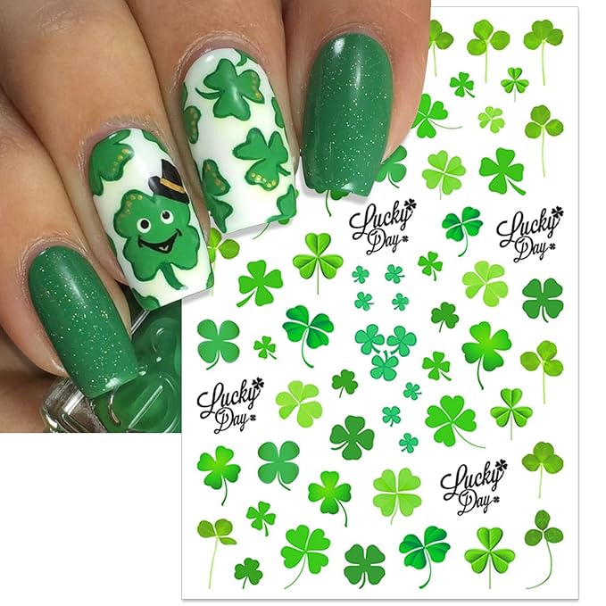 St. Patrick's Day Nail Art Stickers, Irish Shamrock Leprechaun Hat 3D Self-Adhesive Nail Decals Lucky Clover Design (5 Sheets)