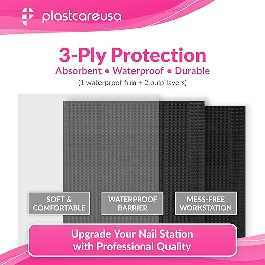 Disposable Nail Mats 50 Pcs - Salon Paper Towel and Table Cover for Nail Tech - 3 Ply Waterproof Manicure Prep Pads - Acrylic Art Supplies and Accessories (Black)