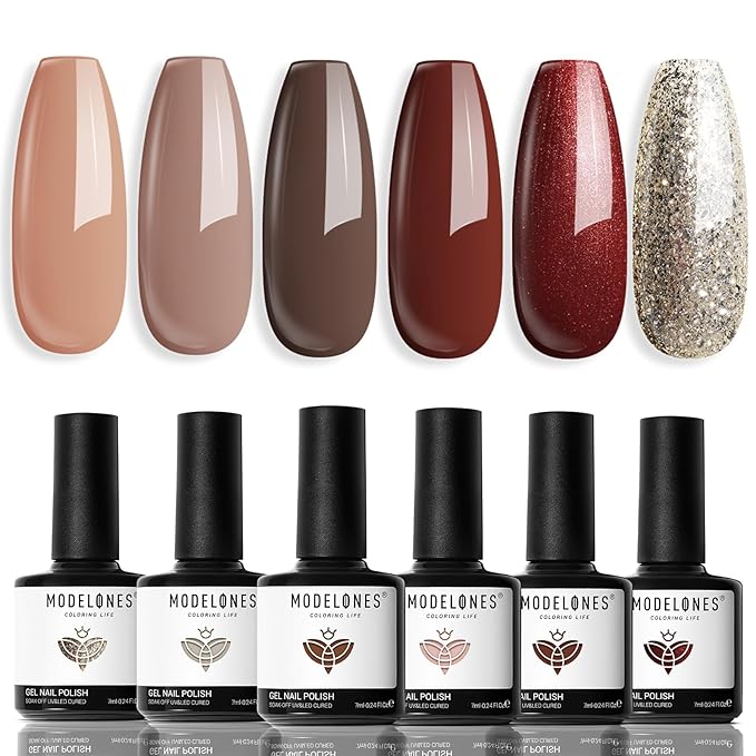 modelones Gel Nail Polish Set, 6 Colors Nude Brown Gel Polish Kit Glitter Champagne Gold Burgundy Wine Dark Red Nail Polish Soak OFF LED Manicure Nail Art DIY Home Salon Gift for Women