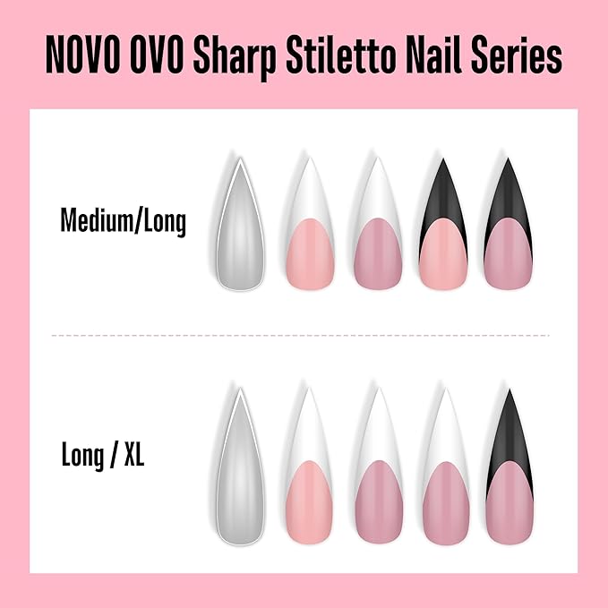 NOVO OVO White French Tip Long XL Sharp Stiletto Nail Tips Press on BERRY PINK, Soft Gel Double Matte Fake Nail Extension, Full Cover False Nails for Acrylic DIY x 16 Sizes 160 pcs