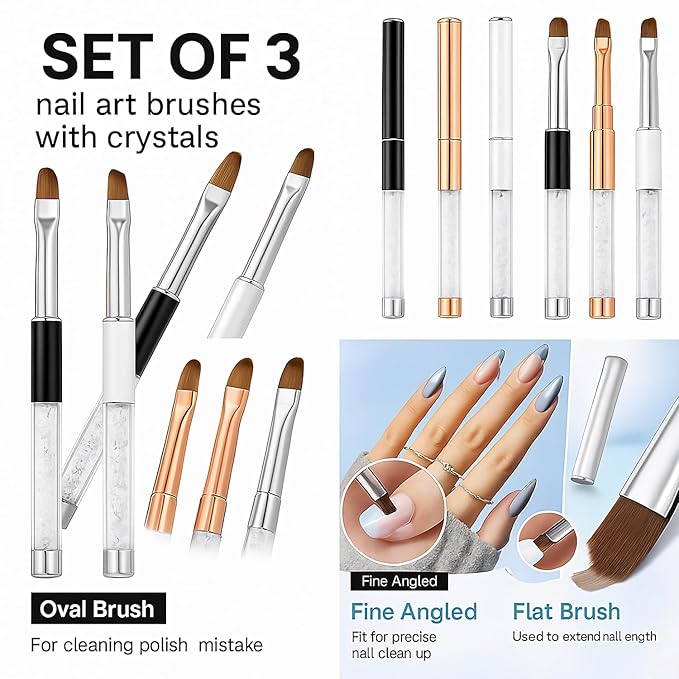 3Pcs Gel Nail Brush Set – Oval, Flat & Angled Tips, Rhinestone Handle Nail Art Design Brushes with Protective Caps, UV Gel Acrylic Builder Brush Kit for Manicure – Black, White, Gold