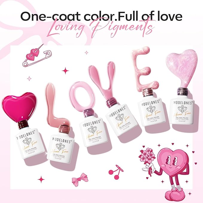 modelones Pink Gel Polish Set, Hema Free Light Pink Cat Eye Gel Polish Jelly Glitter Nude Hot Pink Pastel Nail Polish 6 Colors 2026 Spring Easter LED Nail Art DIY Gift with Magnet&Love-heart Stickers
