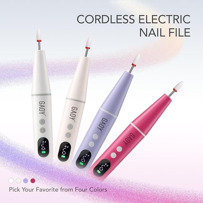 GAOY Cordless Electric Nail File, Nail Drill with LED Display for Acrylic Gel Nails, Hand Feet Trimmer Buffer Tool, Milky White