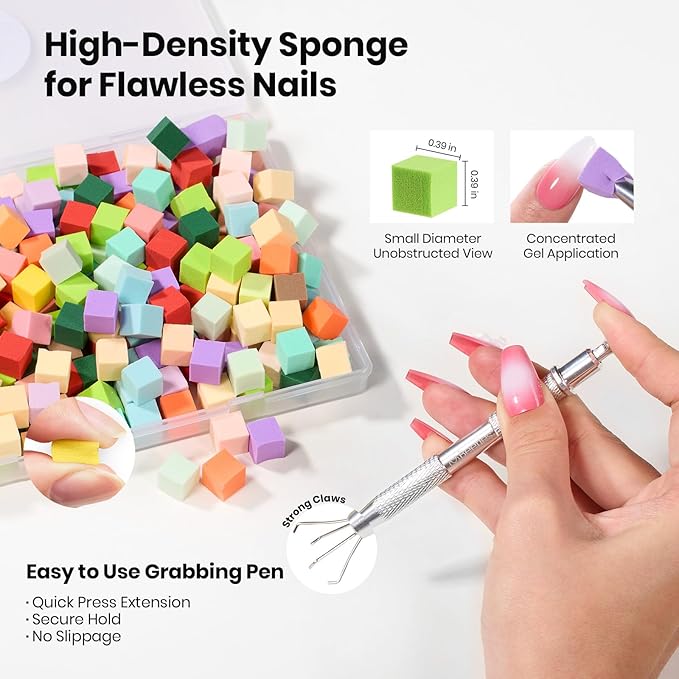 Beetles 150Pcs Soft Nail Sponges for Ombre, Colorful Nail Sponge with Grabbing Pen, White Pat Painting Gel Polish Kit for Gradient Ombre Blush Chrome Design Nails Art Tools, Home DIY Salon Manicure