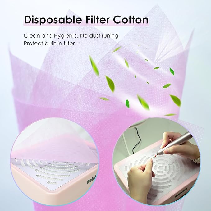 Nail Dust Collector with Lamp&50pcs Disposable Filter&Dusting Brush, Electric Nail Vacuum Cleaner Dust Fan Suction Machine for Manicure Acrylic Gel Nails Polishing, Low Noise,Salon Home (Pink)
