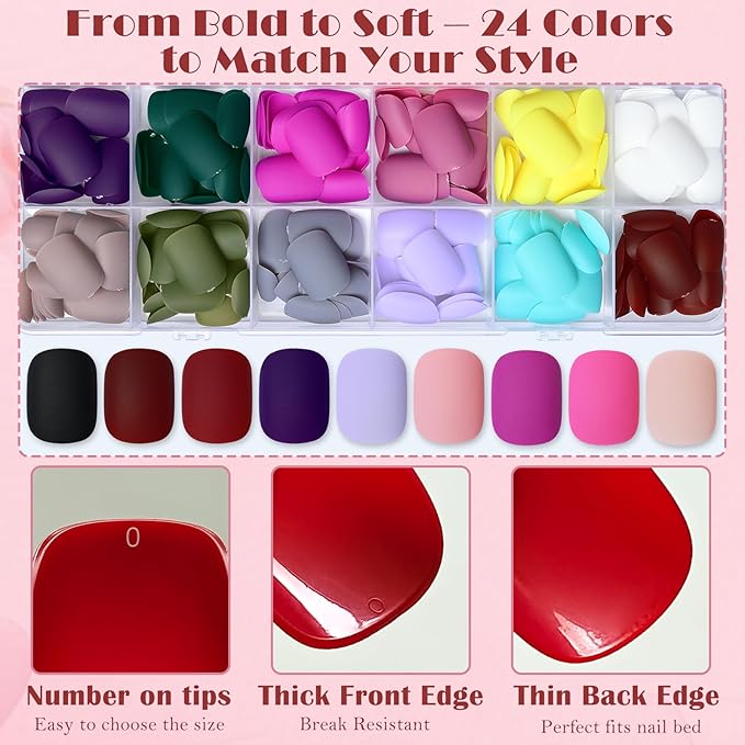 AddFavor Press on Nails Short Square Fake Nails, 576pcs 24 Colors Round Square Press on Nails Full Cover Acrylic Nail Press ons, Matte False Nail Tips for Girls Teens Glue on Nail