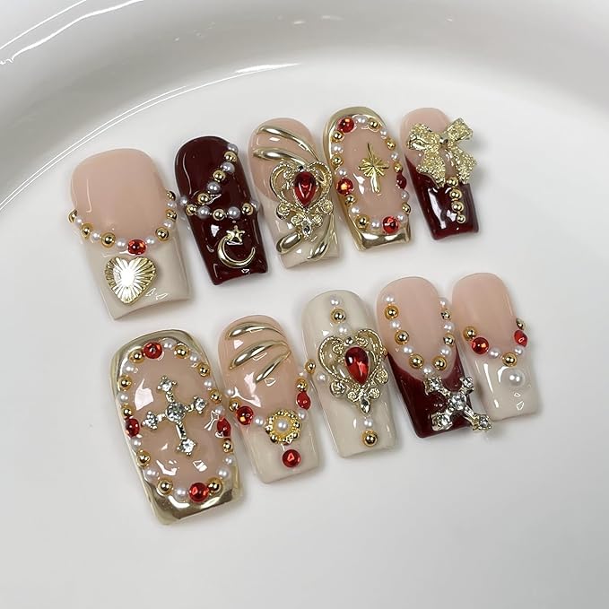Handmade Press on Nails Medium Square Fake Nails White French Tip with 3D Rhinestone & Heart Designs Luxury Pearl Charm False Nail Full Cover Thickened Acrylic Nails for Women (Size S）