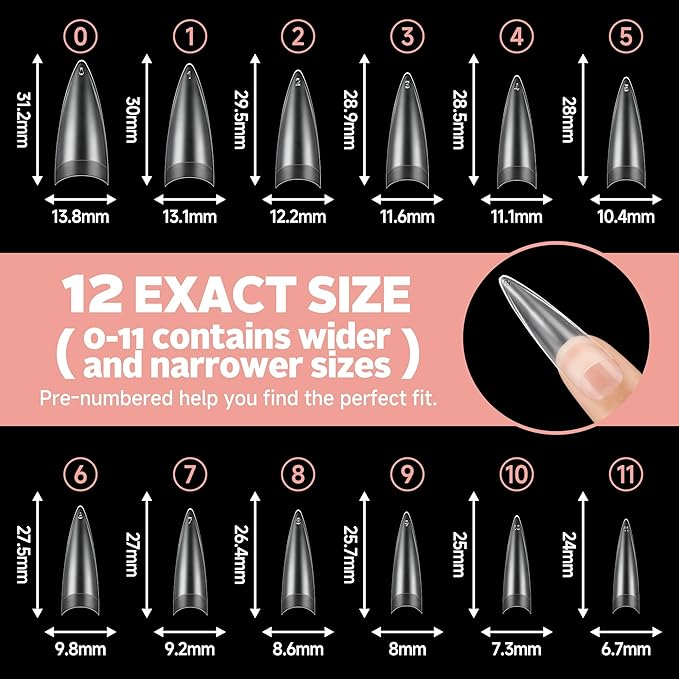 UNA GELLA Stiletto Gel Nail Tips 504pcs Long Stiletto Almond Clear Curved Nails Tips Half Cover False Fake Nails for DIY Press On Nails Extension Art Salon 12 Sizes