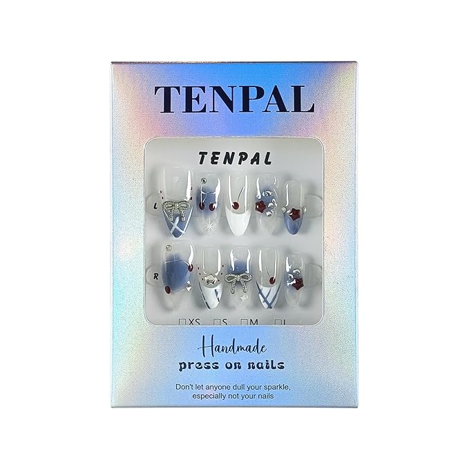 Light Blue White French Press on Nails Medium Almond with 3D Charms Bow Rhinestone Cherry,10Pcs Sweet Girls Summer with Full KitM)