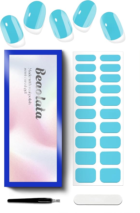 Semi Cured Gel Nail Strips - UV Light Gel Nail Stickers - 20 Long Lasting Salon Quality Wraps (Dazzling Blue)