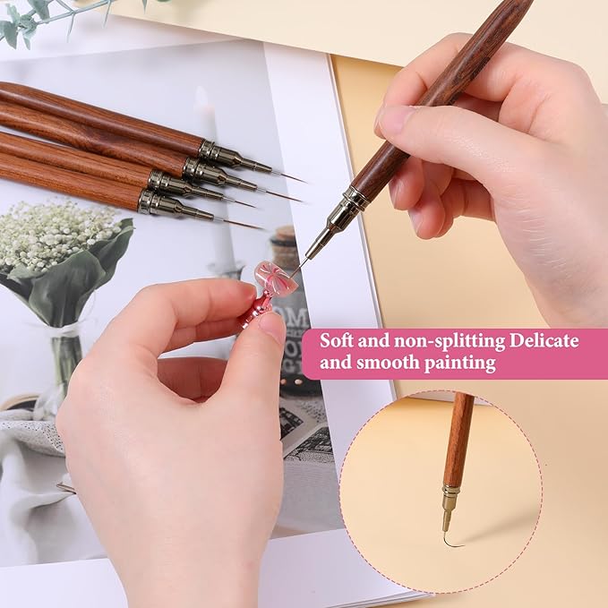 5 PCS Nail art brushes, Nail Art Liner Brushes Thin Liner Nails Brush Set for Thin Details, Painting Arts Design, Long Lines, Fine Drawing Sizes 6/9/12/15/18mm, Natural