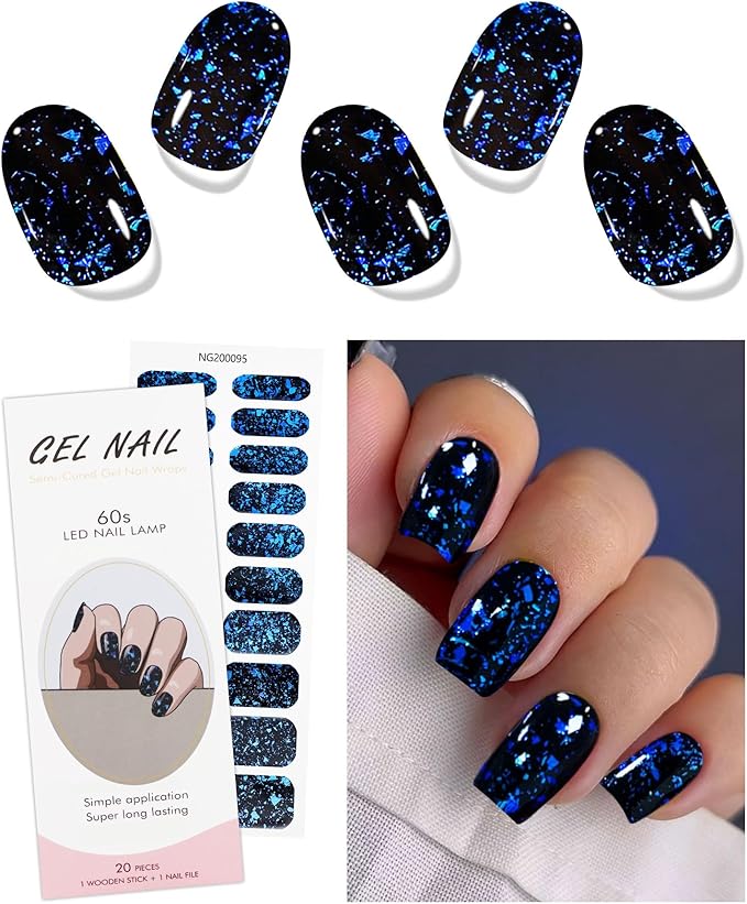JMEOWIO Gel Nail Stickers Dark Blue Semi Cured Gel Nail Strips Wraps UV/LED Nails Art Design Decoration Accessories