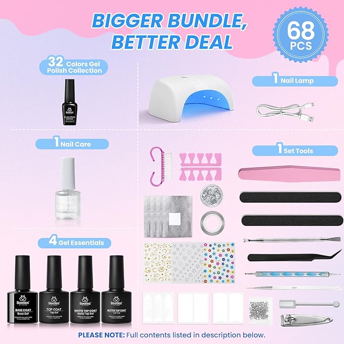 Beetles Deal Box Gel Nail Polish Kit with U V Light - 32 Colors Gel Polish Cat Eye Top Coat 68 Pcs All-In-1 Nail Kit with TPO & HEMA Free Base and Top Coat Home Salon DIY Nails Tools Gifts for Women