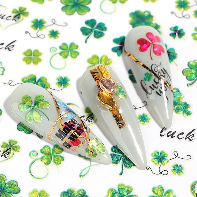 6 Sheets St Patrick’s Day Nail Art Stickers 3D Self- Adhesive Laser Shamrock Nail Stickers Green Clover Hat Letter Design St Patricks Day Nail Art Supplies Irish Nail Decals for Women Acrylic Manicure